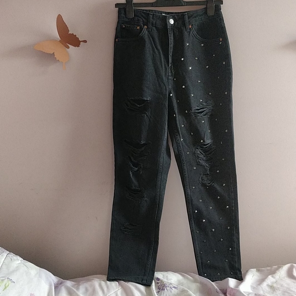 Topshop Moto Mom HighRise Blk Ripped Studded Jeans - Picture 4 of 14